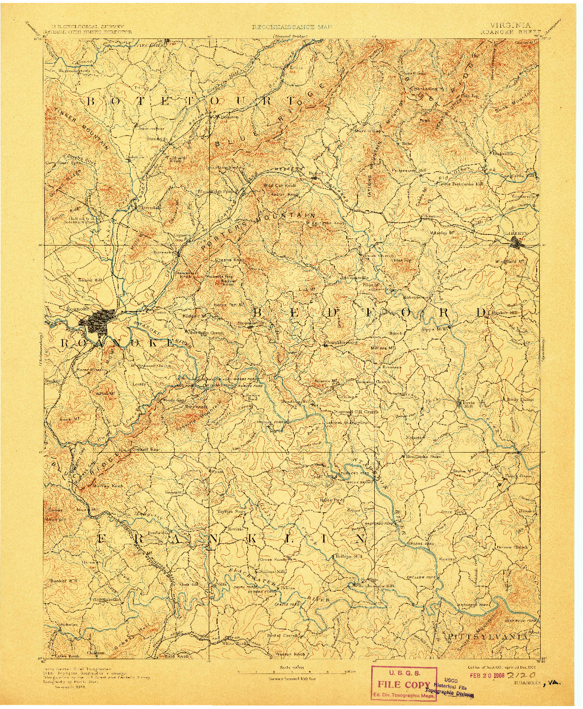 USGS 1:125000-SCALE QUADRANGLE FOR ROANOKE, VA 1891