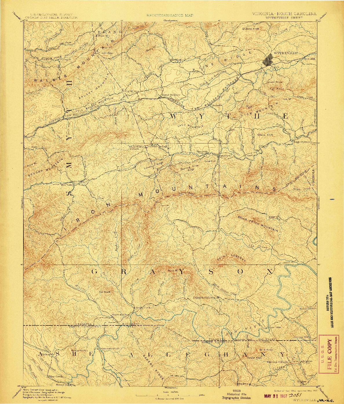 USGS 1:125000-SCALE QUADRANGLE FOR WYTHEVILLE, VA 1892