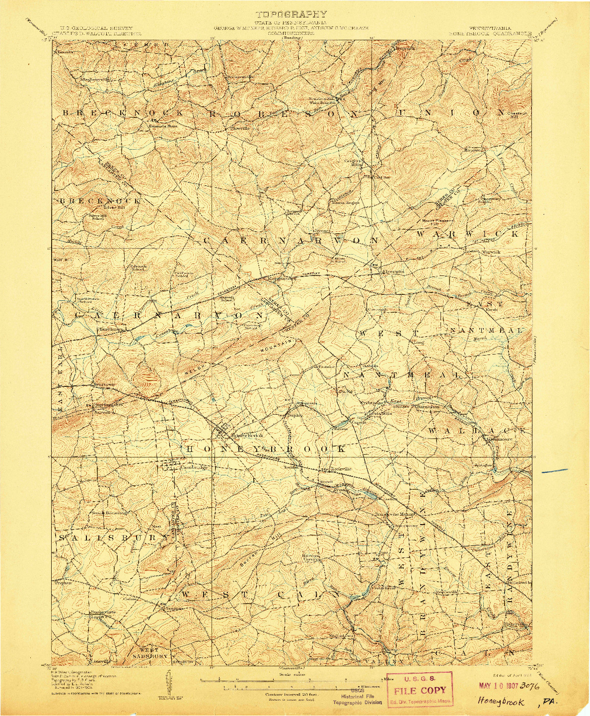 USGS 1:62500-SCALE QUADRANGLE FOR HONEYBROOK, PA 1907