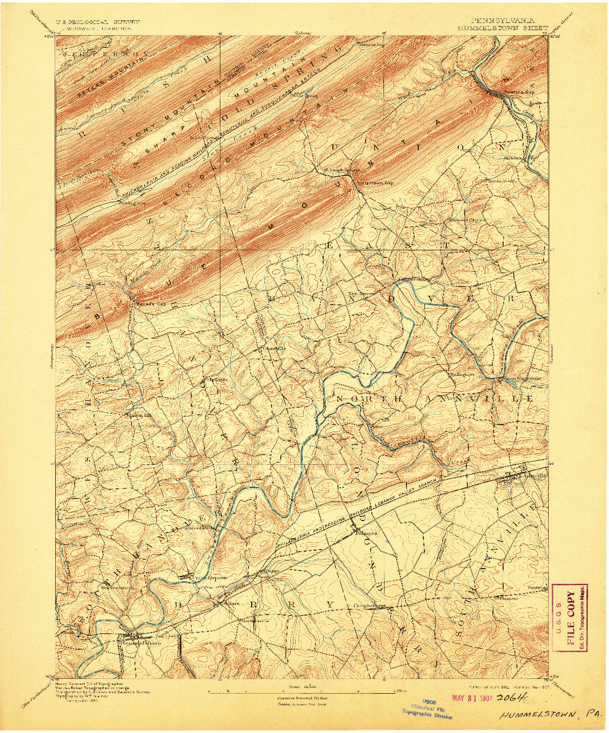 USGS 1:62500-SCALE QUADRANGLE FOR HUMMELSTOWN, PA 1892