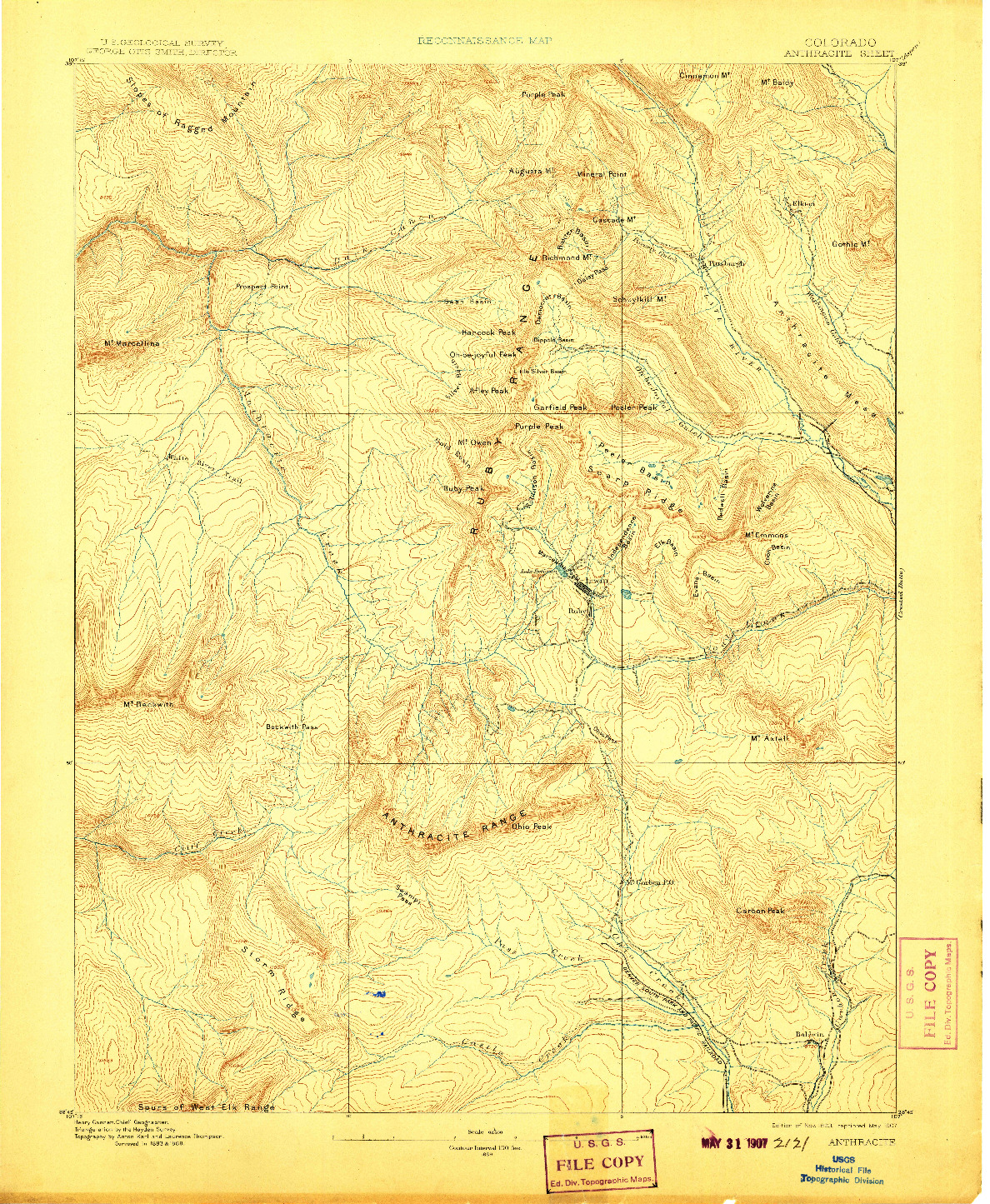 USGS 1:62500-SCALE QUADRANGLE FOR ANTHRACITE, CO 1893