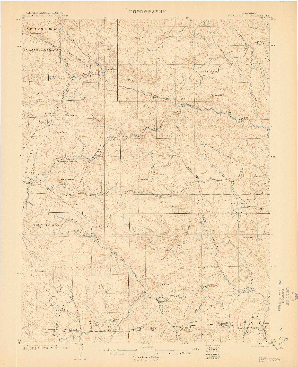 USGS 1:62500-SCALE QUADRANGLE FOR MOUNT OLYMPUS, CO 1907