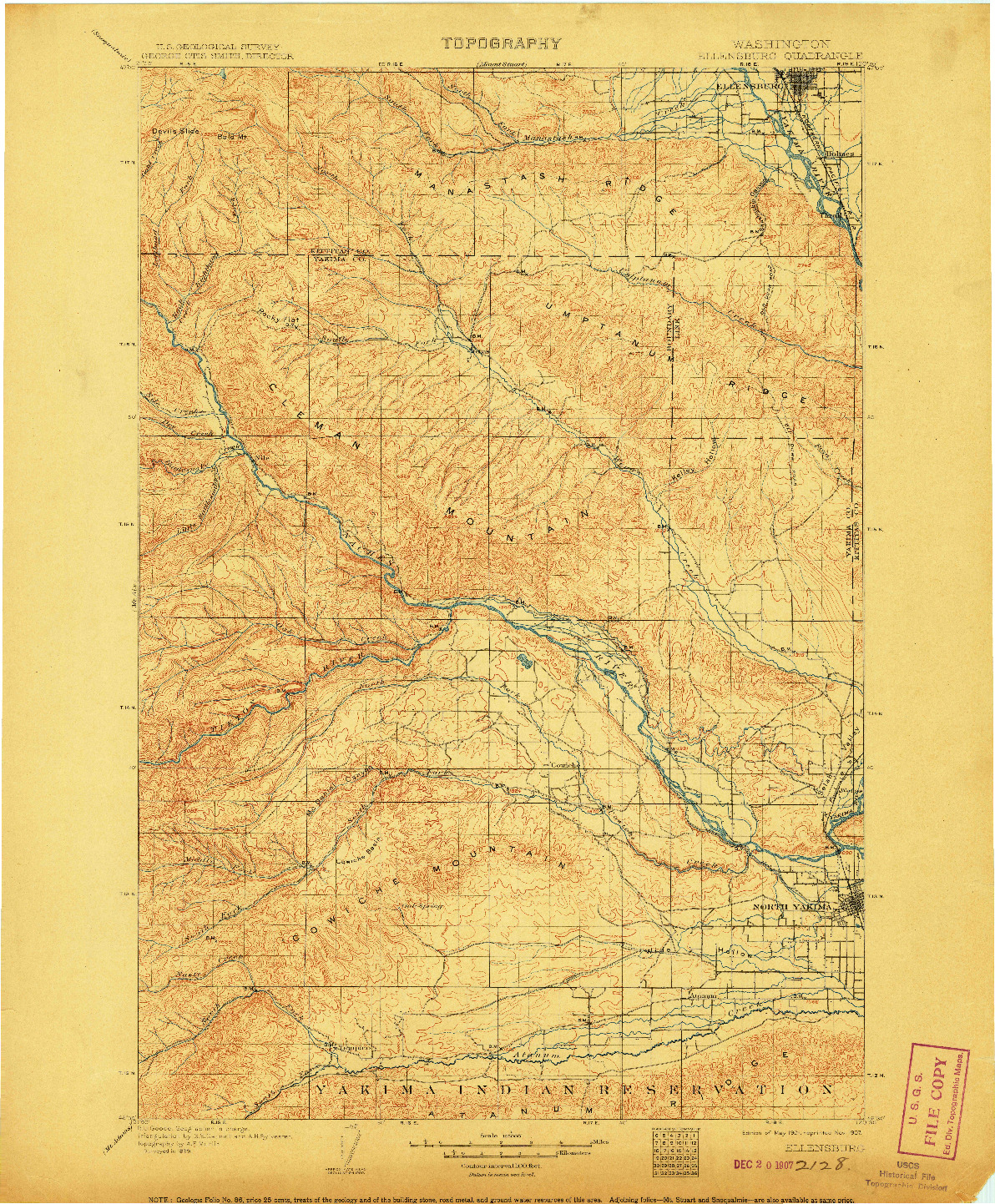 USGS 1:125000-SCALE QUADRANGLE FOR ELLENSBURG, WA 1901