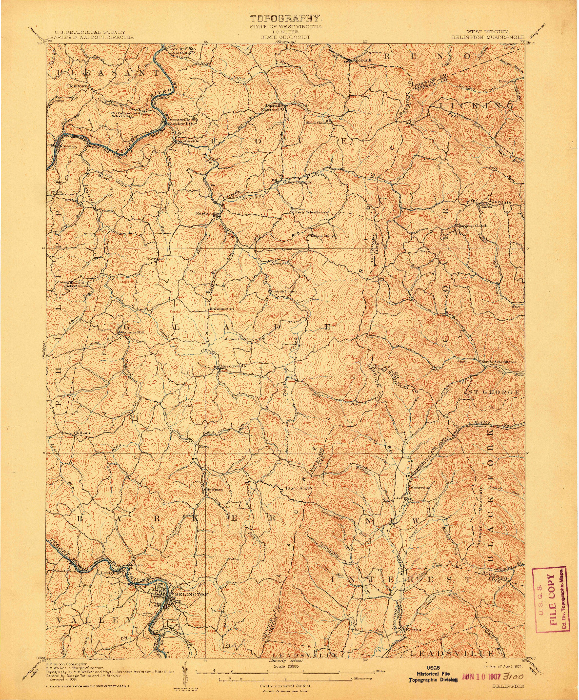 USGS 1:62500-SCALE QUADRANGLE FOR BELINGTON, WV 1907