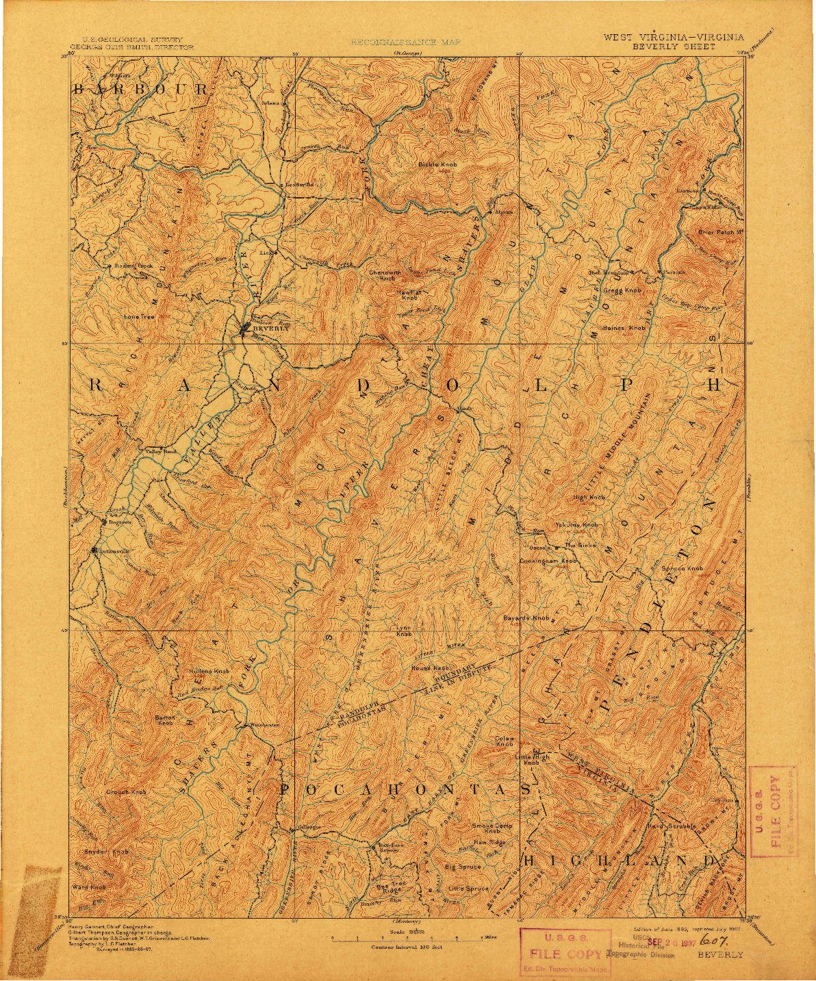 USGS 1:125000-SCALE QUADRANGLE FOR BEVERLY, WV 1892