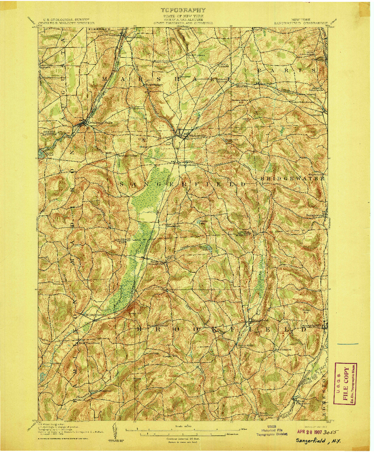 USGS 1:62500-SCALE QUADRANGLE FOR SANGERFIELD, NY 1907