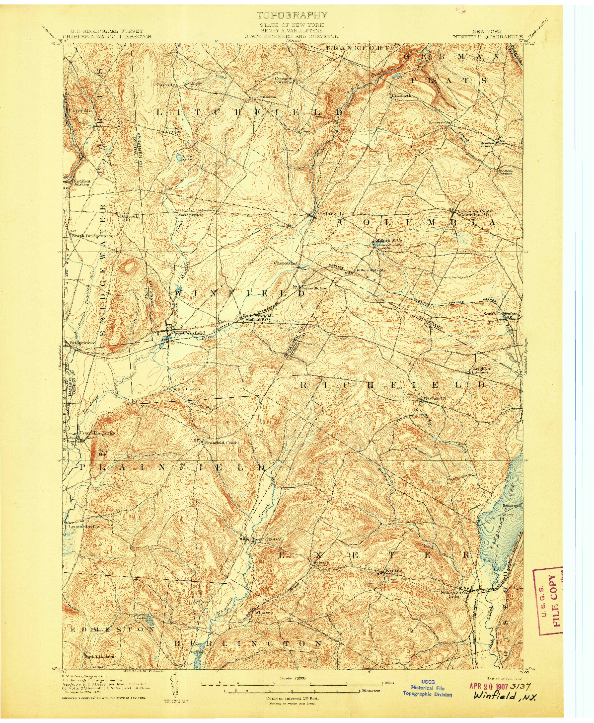 USGS 1:62500-SCALE QUADRANGLE FOR WINFIELD, NY 1907