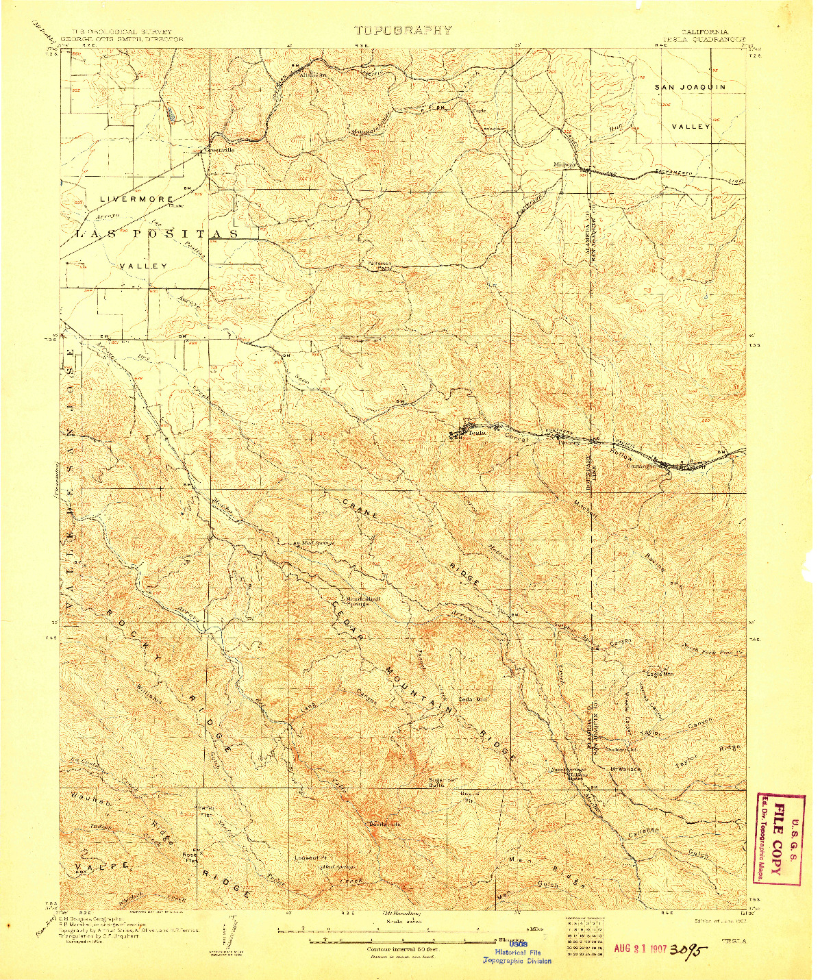 USGS 1:62500-SCALE QUADRANGLE FOR TESLA, CA 1907