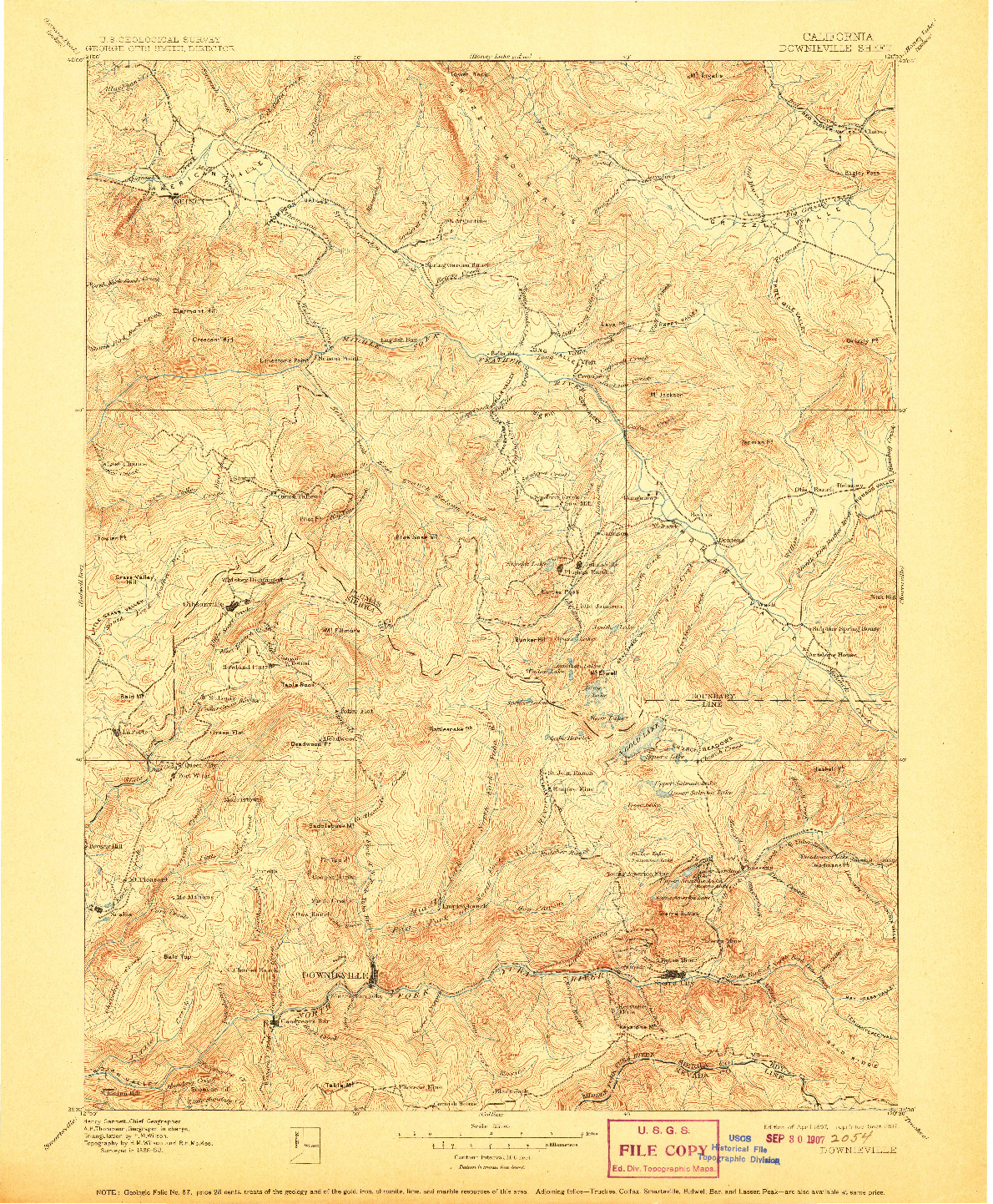 USGS 1:125000-SCALE QUADRANGLE FOR DOWNIEVILLE, CA 1897