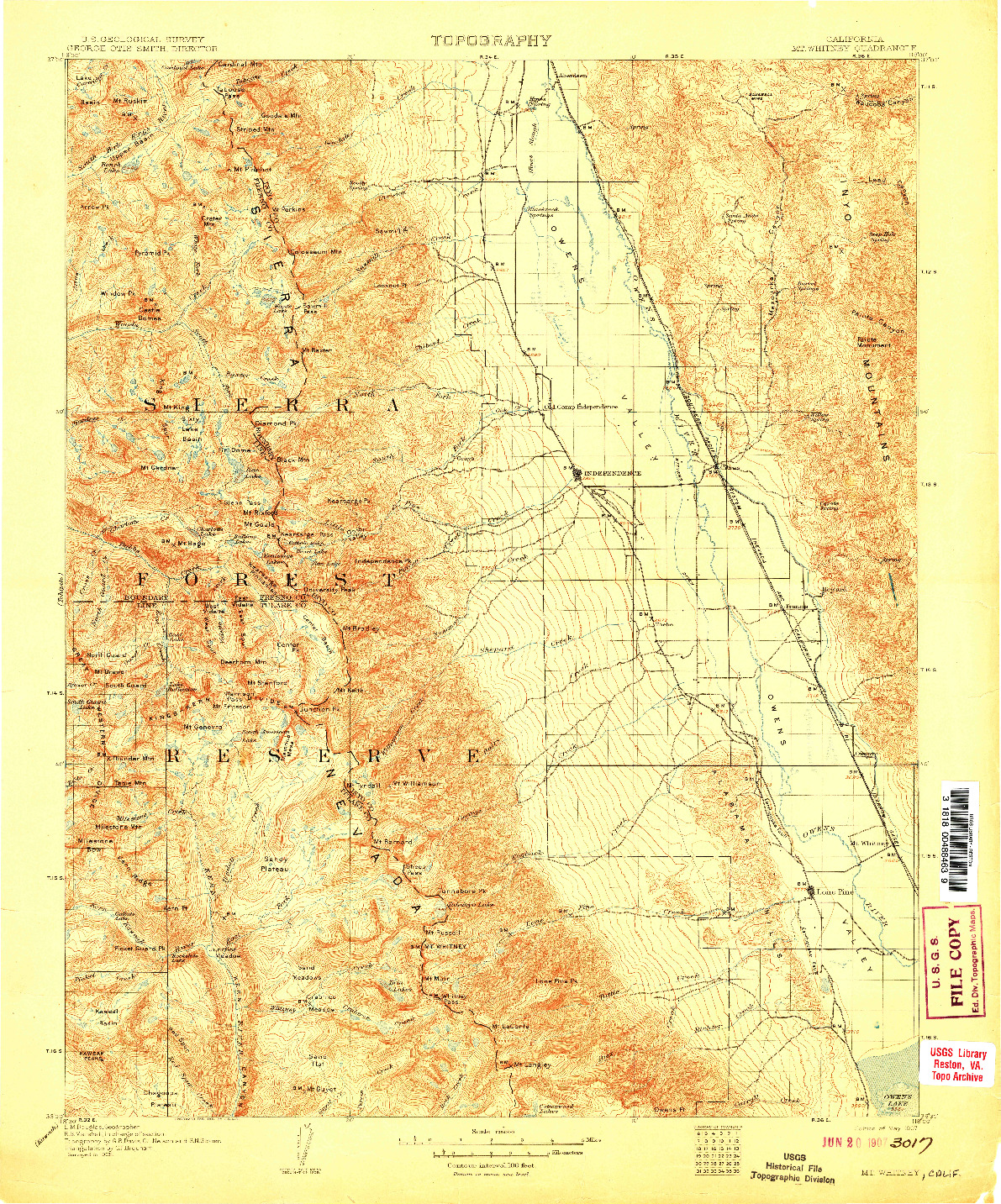 USGS 1:125000-SCALE QUADRANGLE FOR MT. WHITNEY, CA 1907