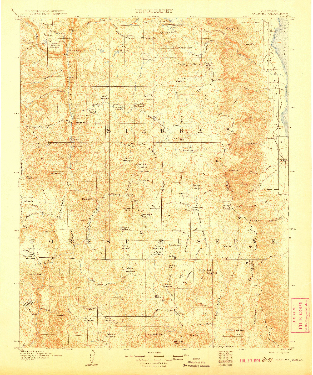 USGS 1:125000-SCALE QUADRANGLE FOR OLANCHA, CA 1907