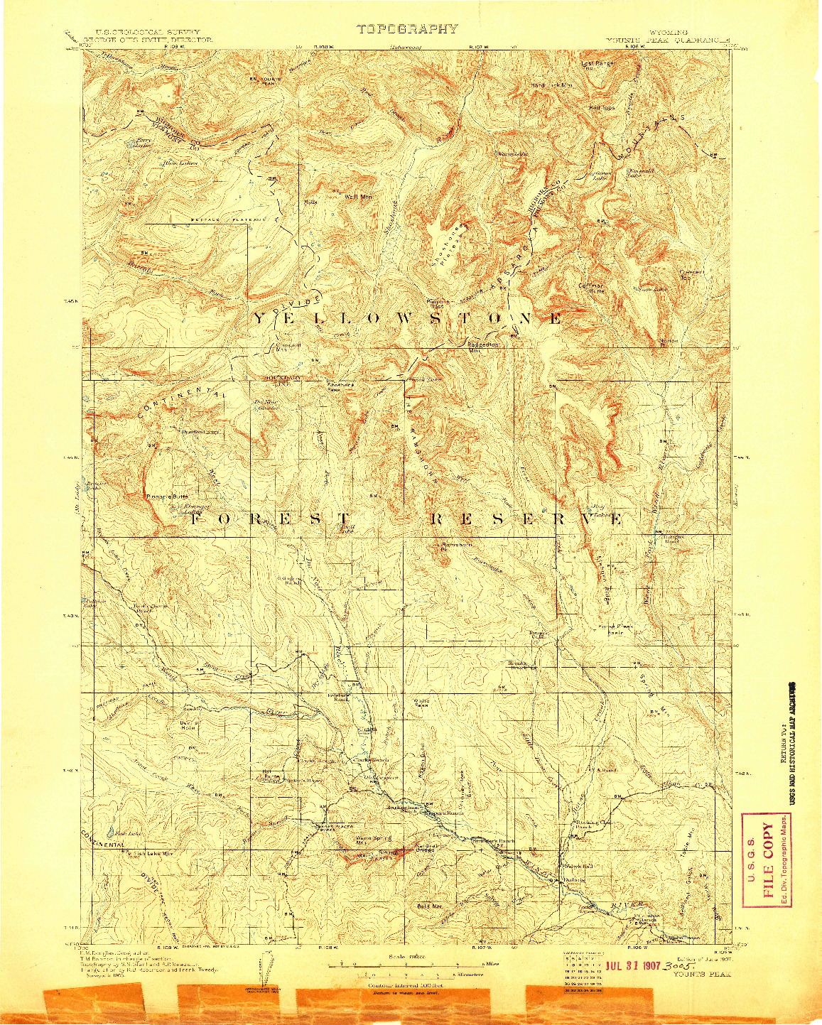 USGS 1:125000-SCALE QUADRANGLE FOR YOUNTS PEAK, WY 1907