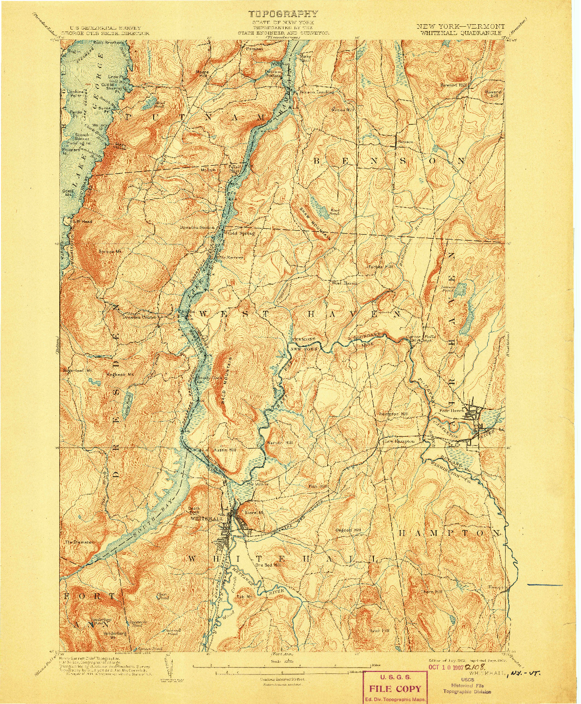 USGS 1:62500-SCALE QUADRANGLE FOR WHITEHALL, NY 1902