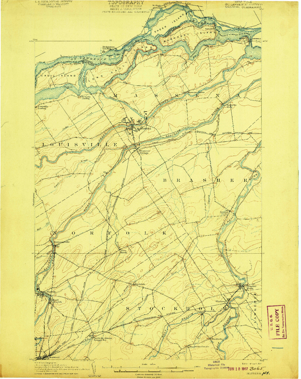 USGS 1:62500-SCALE QUADRANGLE FOR MASSENA, NY 1907