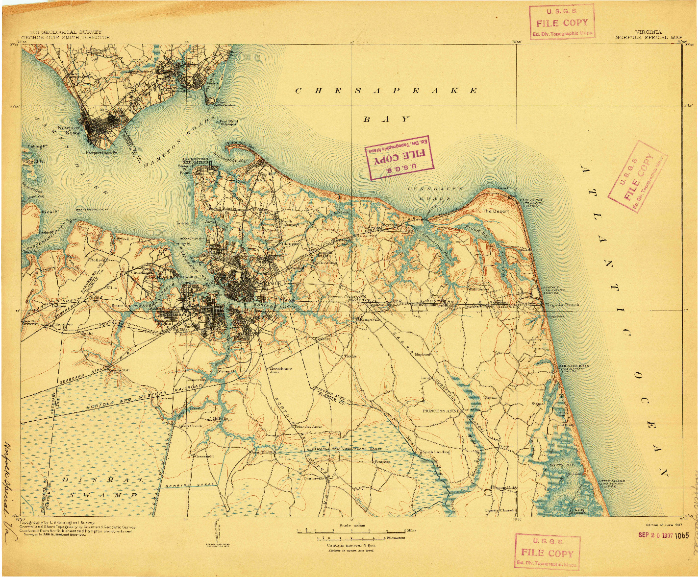 USGS 1:125000-SCALE QUADRANGLE FOR NORFOLK, VA 1907