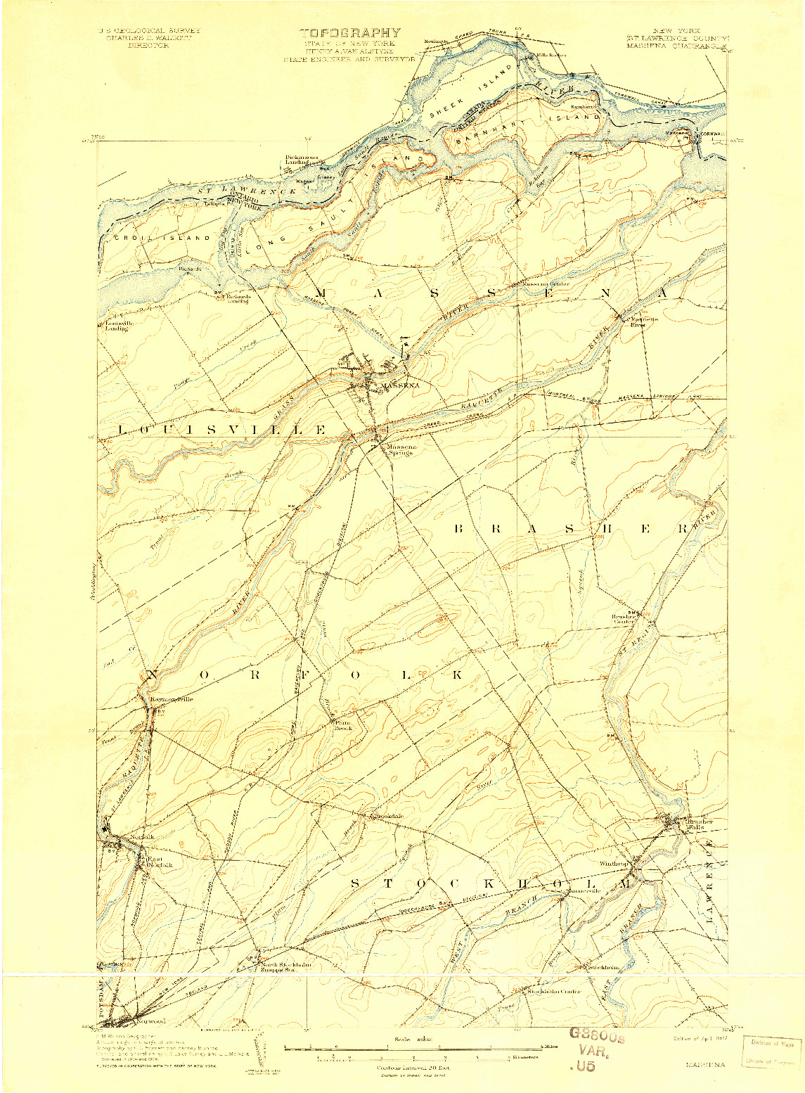 USGS 1:62500-SCALE QUADRANGLE FOR MASSENA, NY 1907