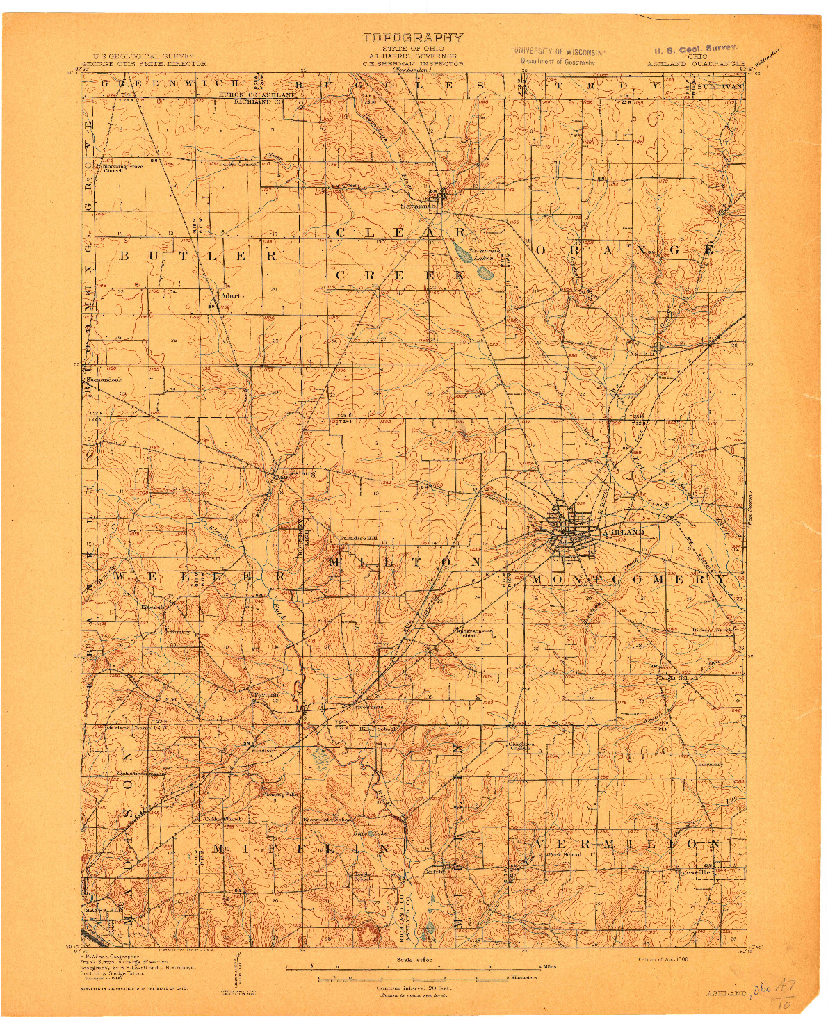 USGS 1:62500-SCALE QUADRANGLE FOR ASHLAND, OH 1908