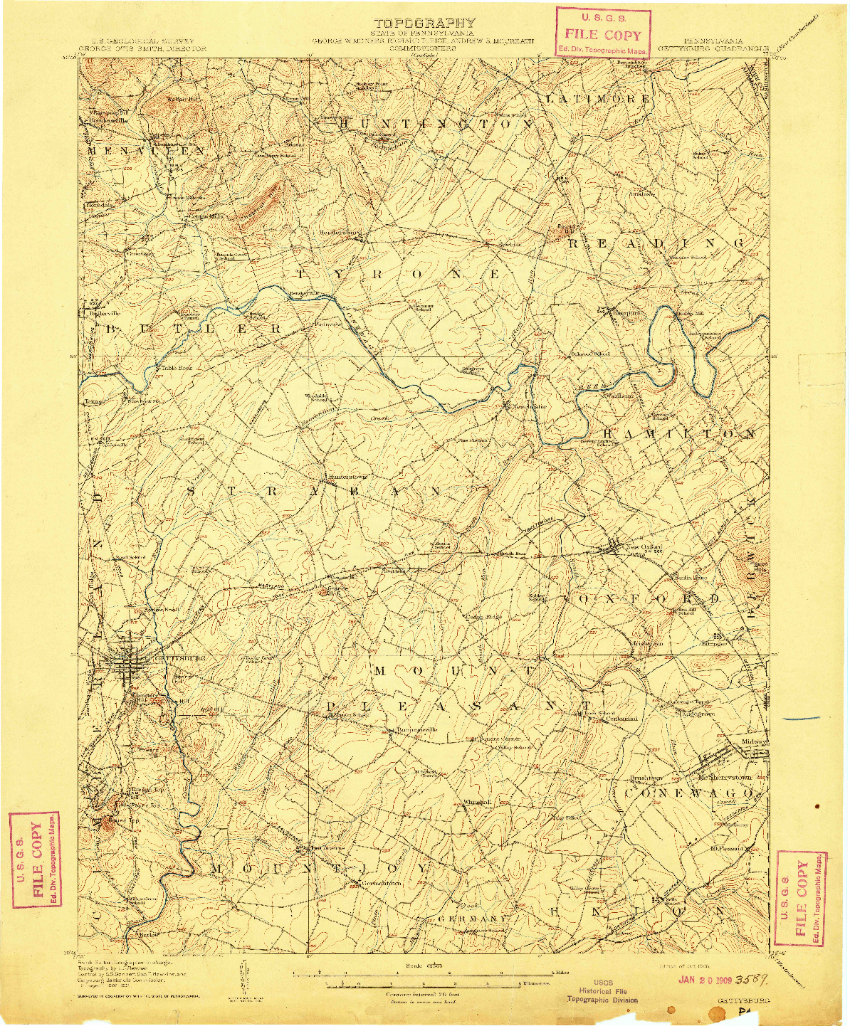 USGS 1:62500-SCALE QUADRANGLE FOR GETTYSBURG, PA 1908