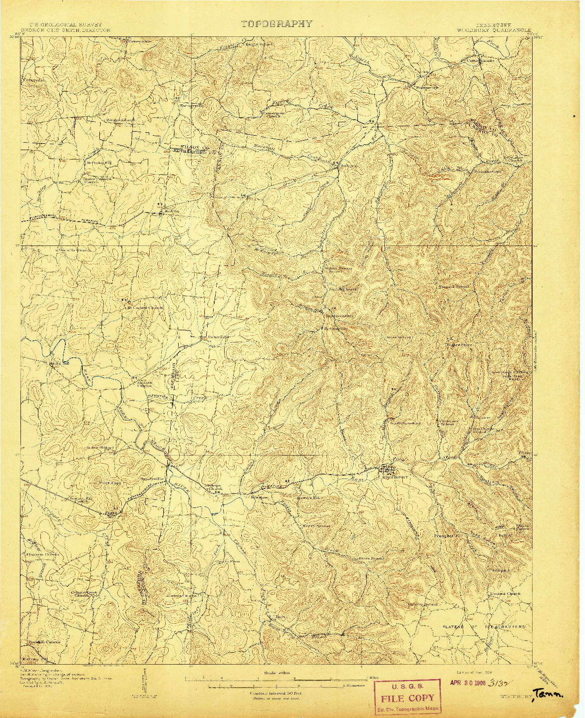 USGS 1:62500-SCALE QUADRANGLE FOR WOODBURY, TN 1908