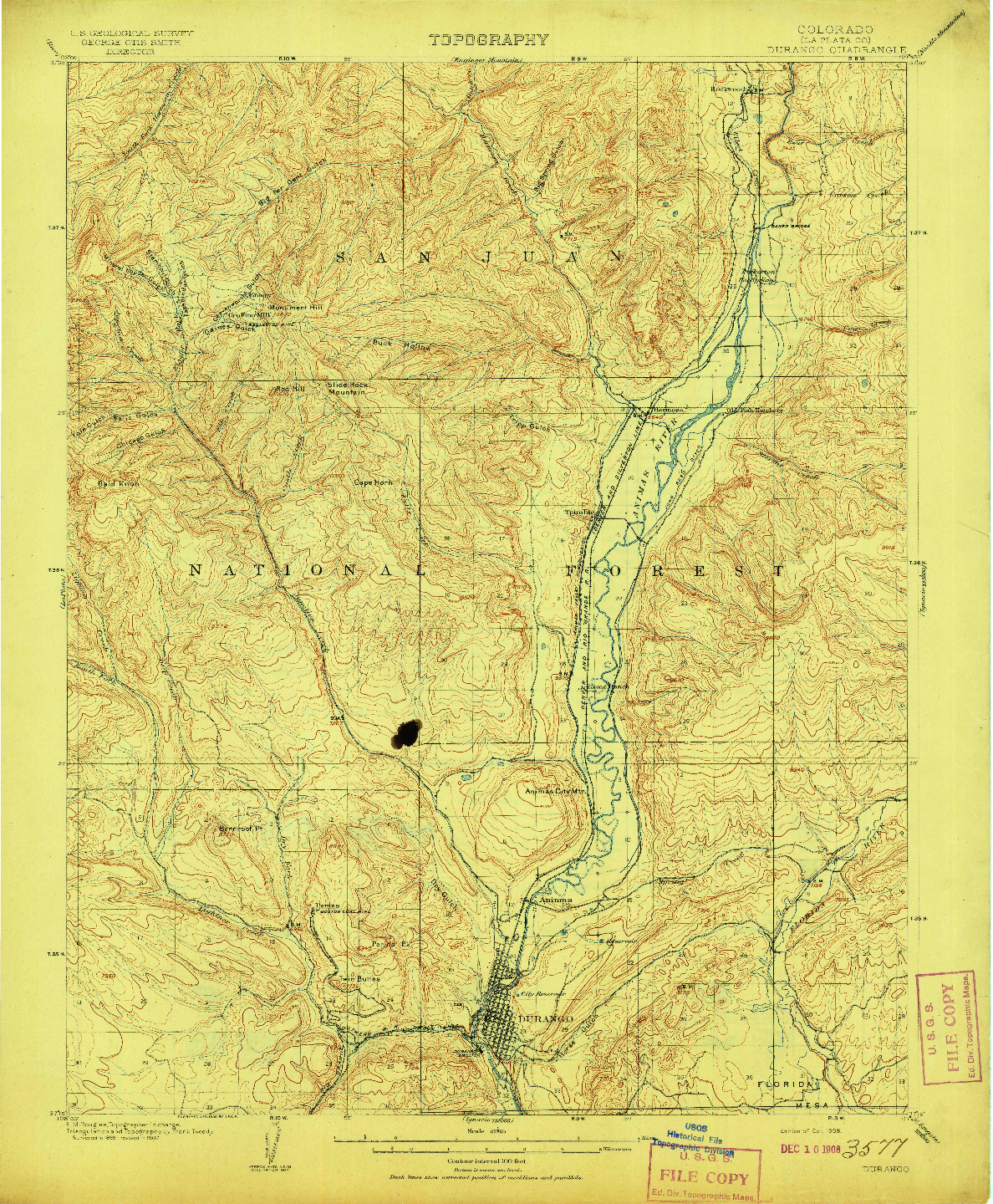 USGS 1:62500-SCALE QUADRANGLE FOR DURANGO, CO 1908