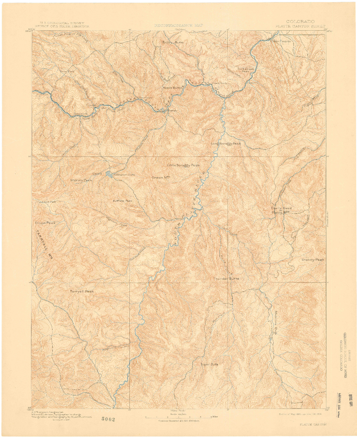 USGS 1:125000-SCALE QUADRANGLE FOR PLATTE CANYON, CO 1893