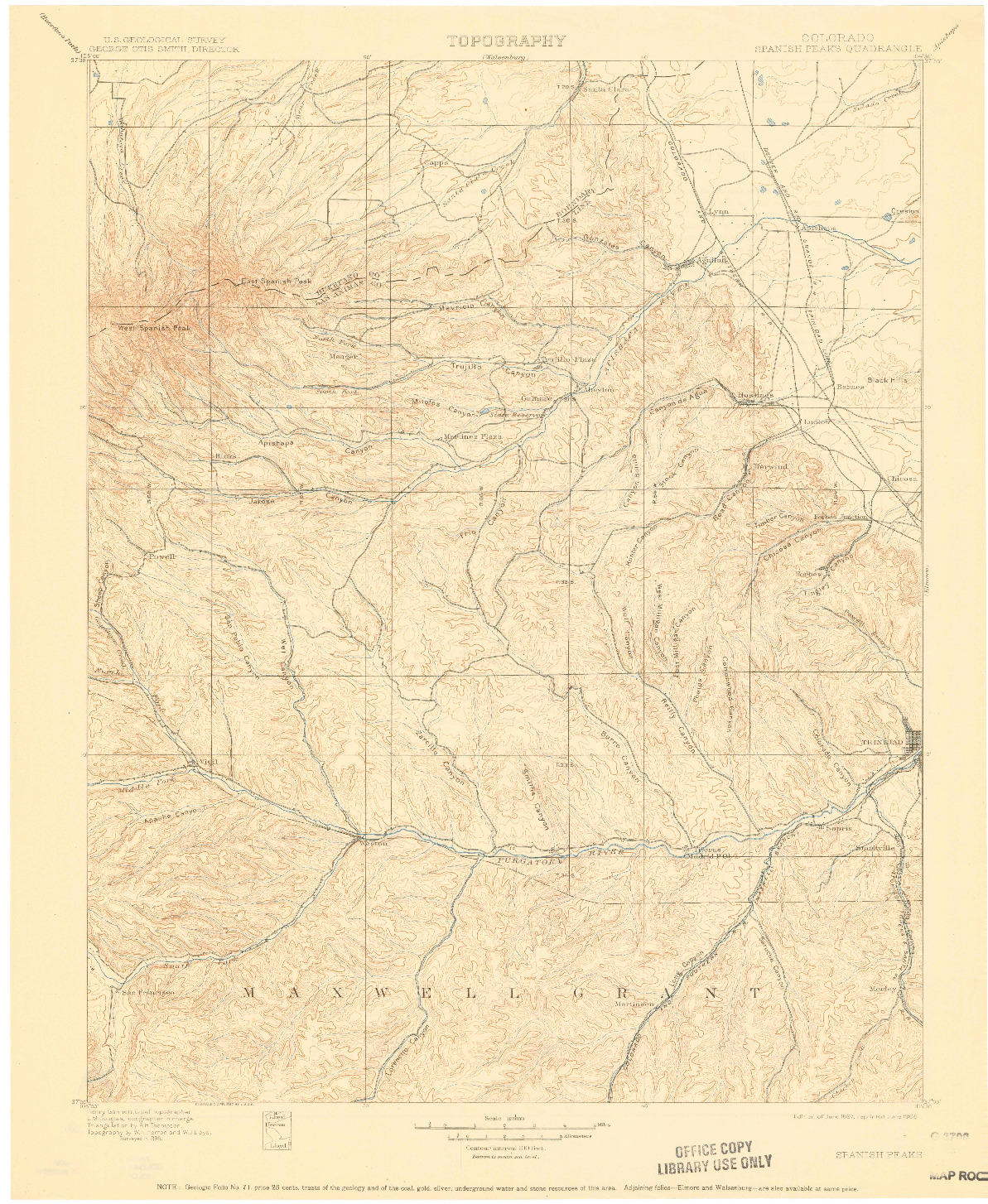 USGS 1:125000-SCALE QUADRANGLE FOR SPANISH PEAKS, CO 1897