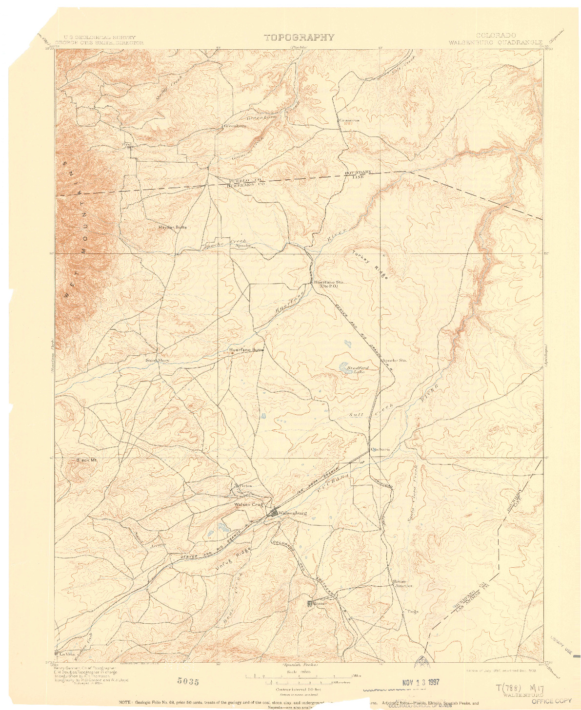 USGS 1:125000-SCALE QUADRANGLE FOR WALSENBURG, CO 1897