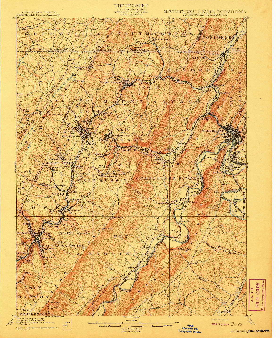 USGS 1:62500-SCALE QUADRANGLE FOR FROSTBURG, MD 1908