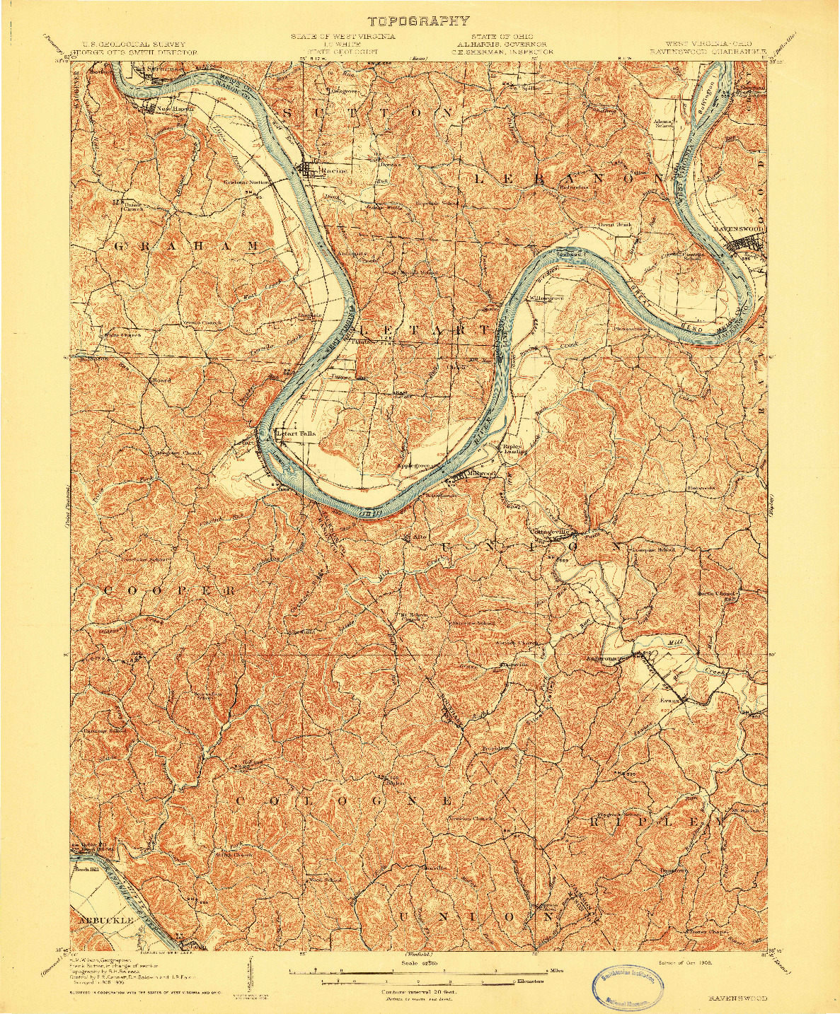 USGS 1:62500-SCALE QUADRANGLE FOR RAVENSWOOD, WV 1908