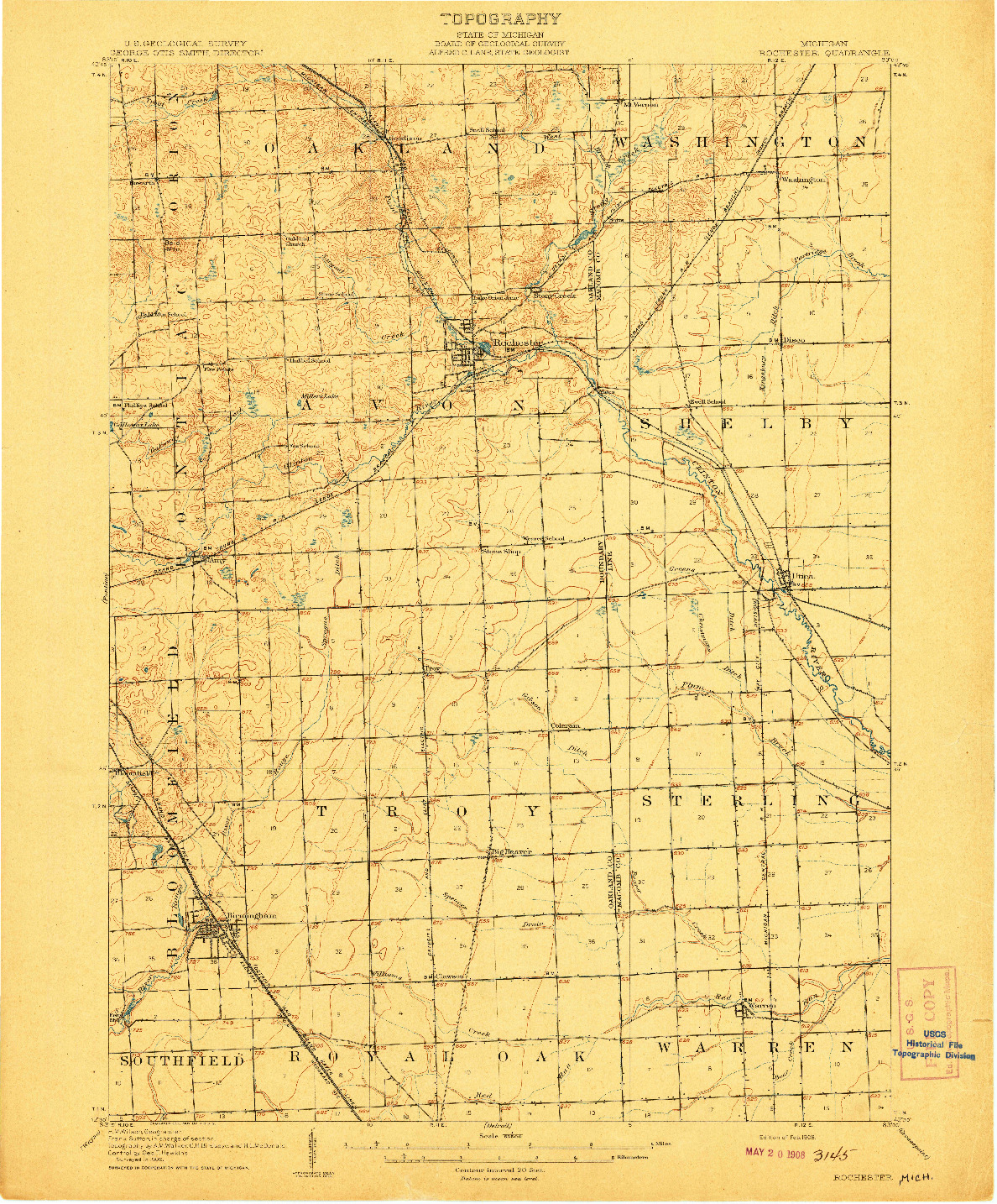 USGS 1:62500-SCALE QUADRANGLE FOR ROCHESTER, MI 1908