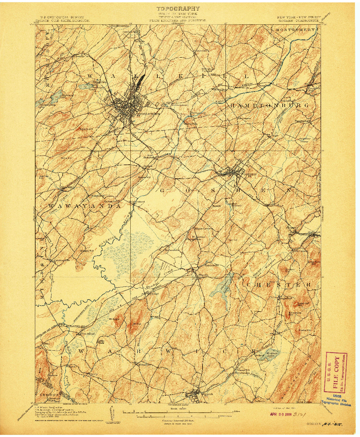 USGS 1:62500-SCALE QUADRANGLE FOR GOSHEN, NY 1908