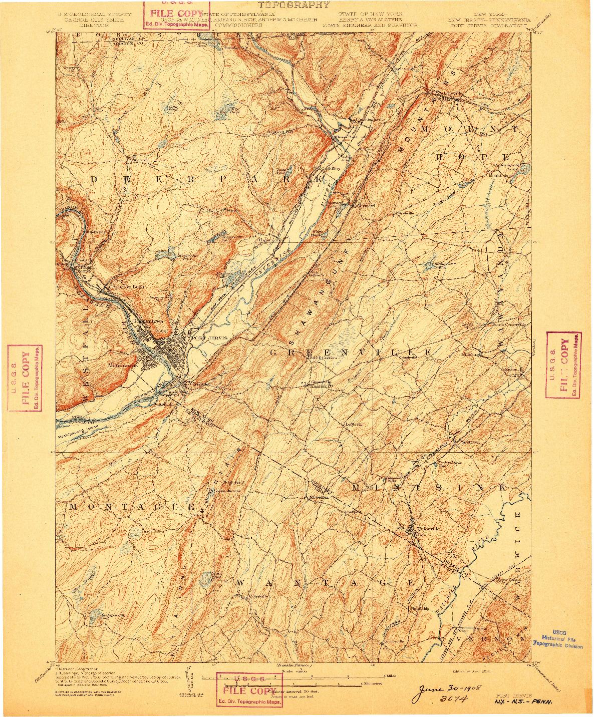 USGS 1:62500-SCALE QUADRANGLE FOR PORT JERVIS, NY 1908