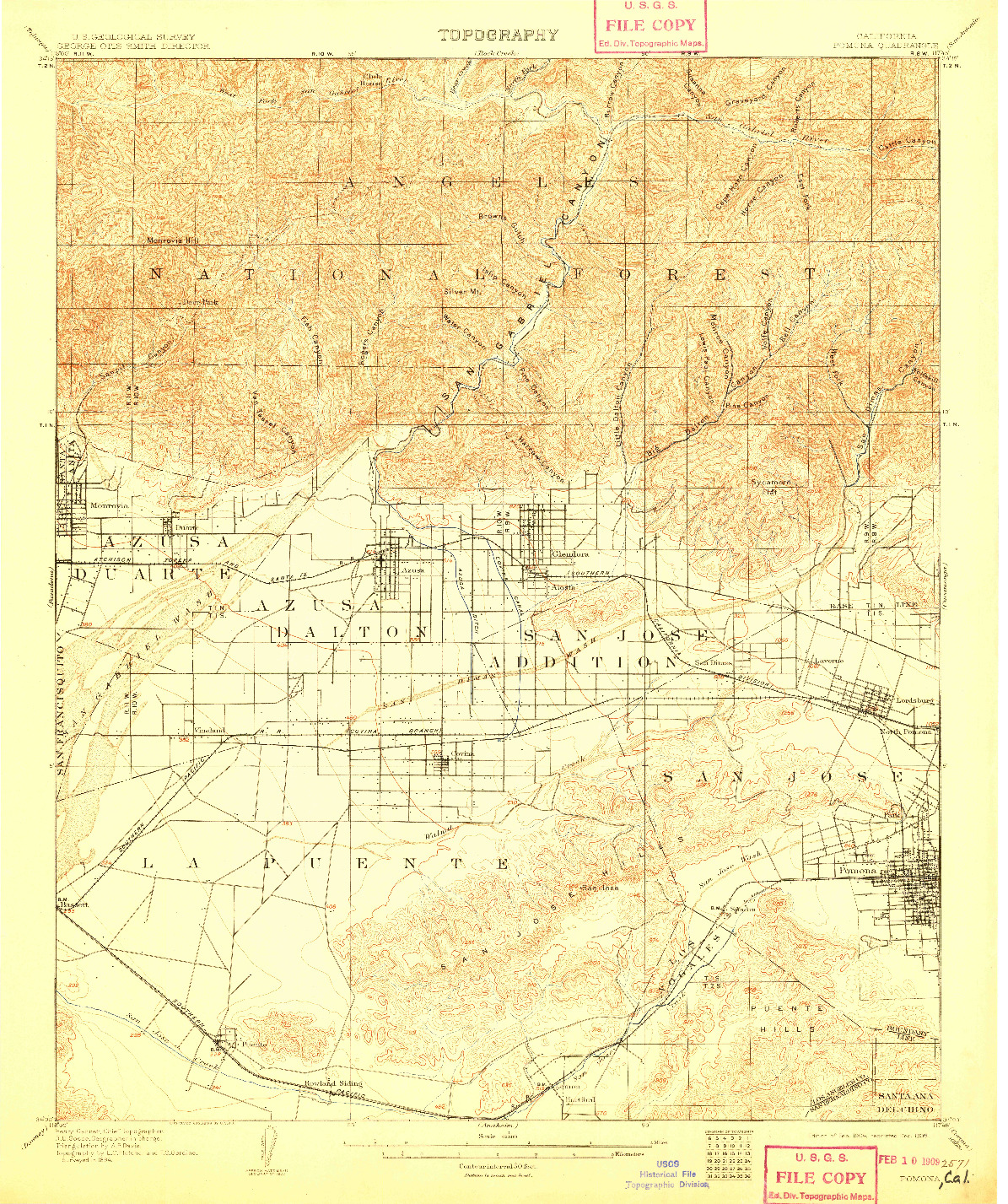 USGS 1:62500-SCALE QUADRANGLE FOR POMONA, CA 1904