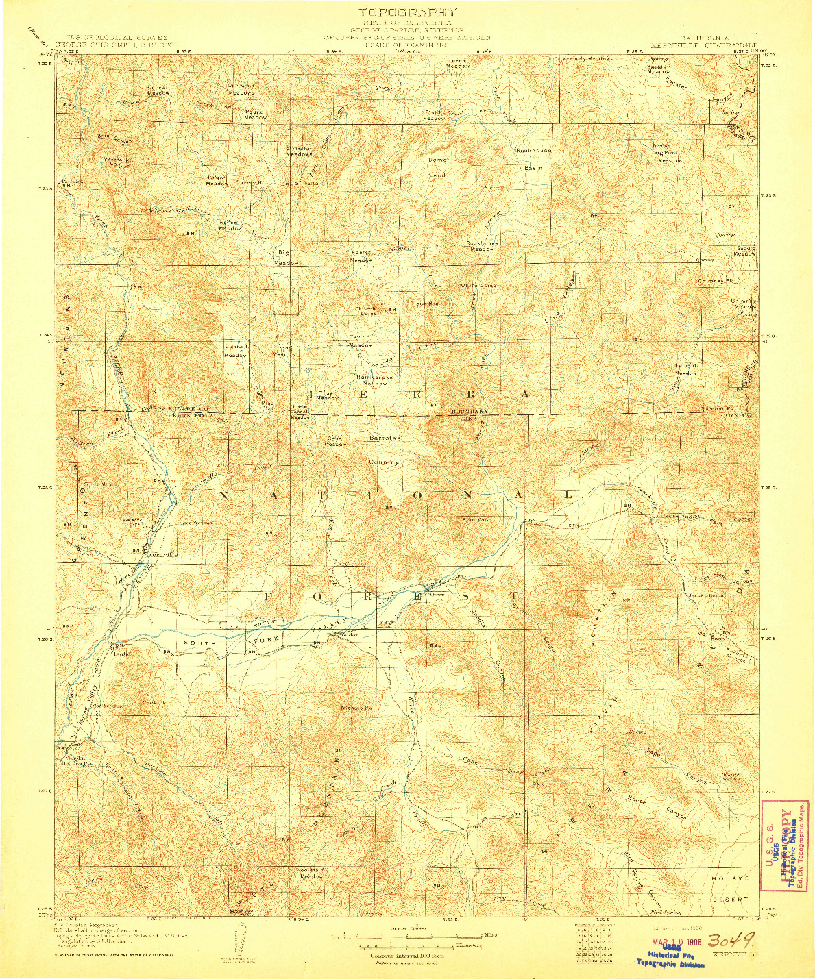 USGS 1:125000-SCALE QUADRANGLE FOR KERNVILLE, CA 1908