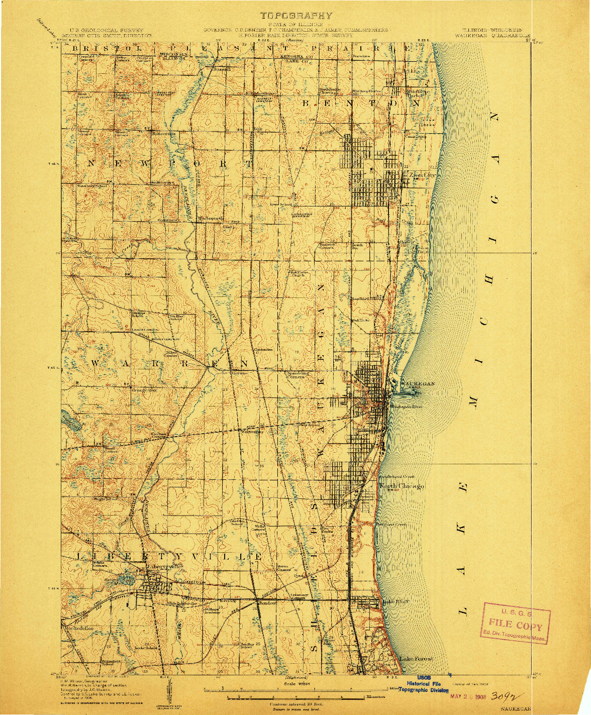 USGS 1:62500-SCALE QUADRANGLE FOR WAUKEGAN, IL 1908