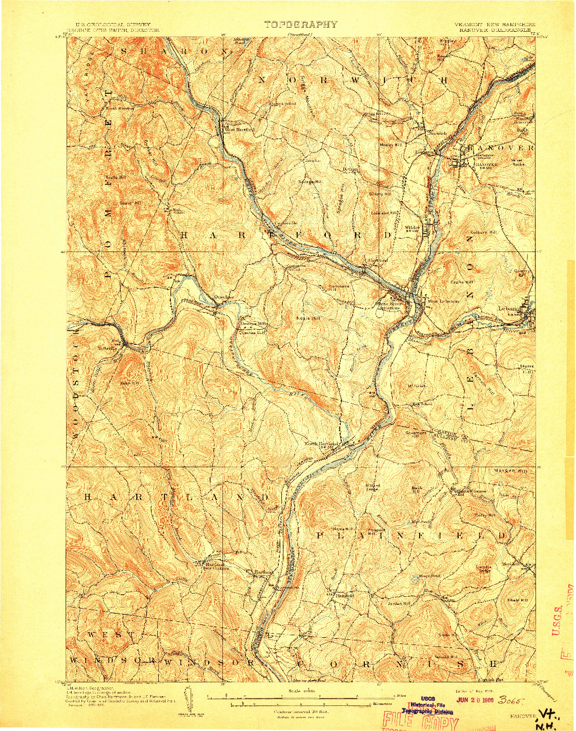 USGS 1:62500-SCALE QUADRANGLE FOR HANOVER, VT 1908