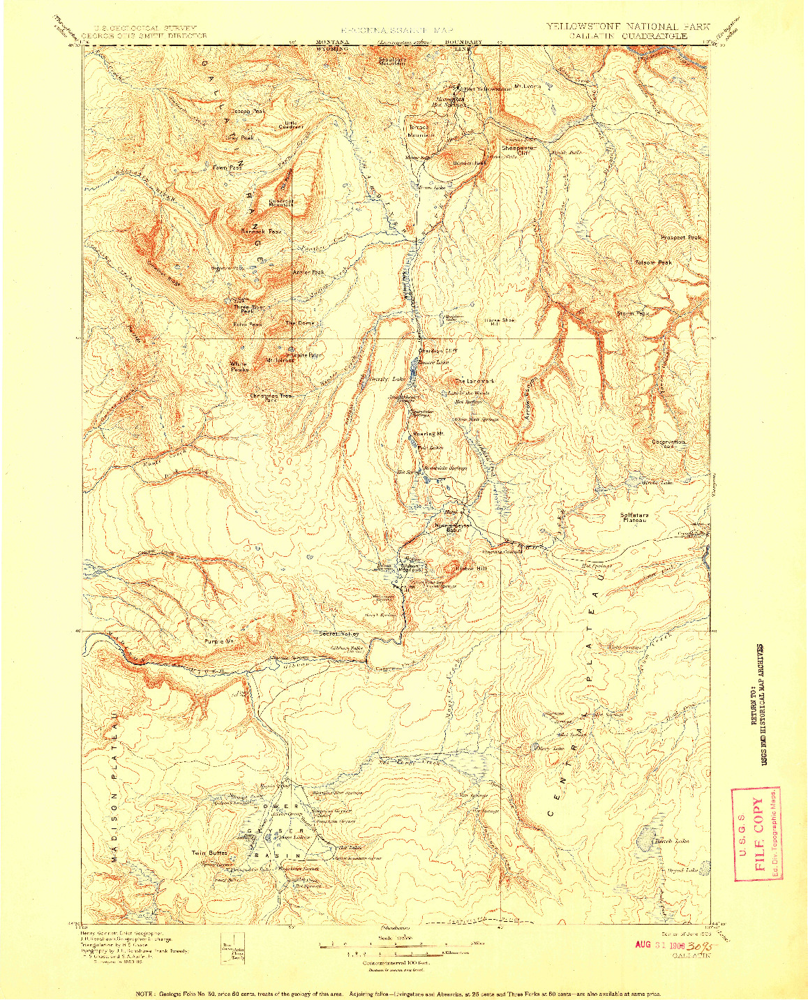 USGS 1:125000-SCALE QUADRANGLE FOR GALLATIN, WY 1908