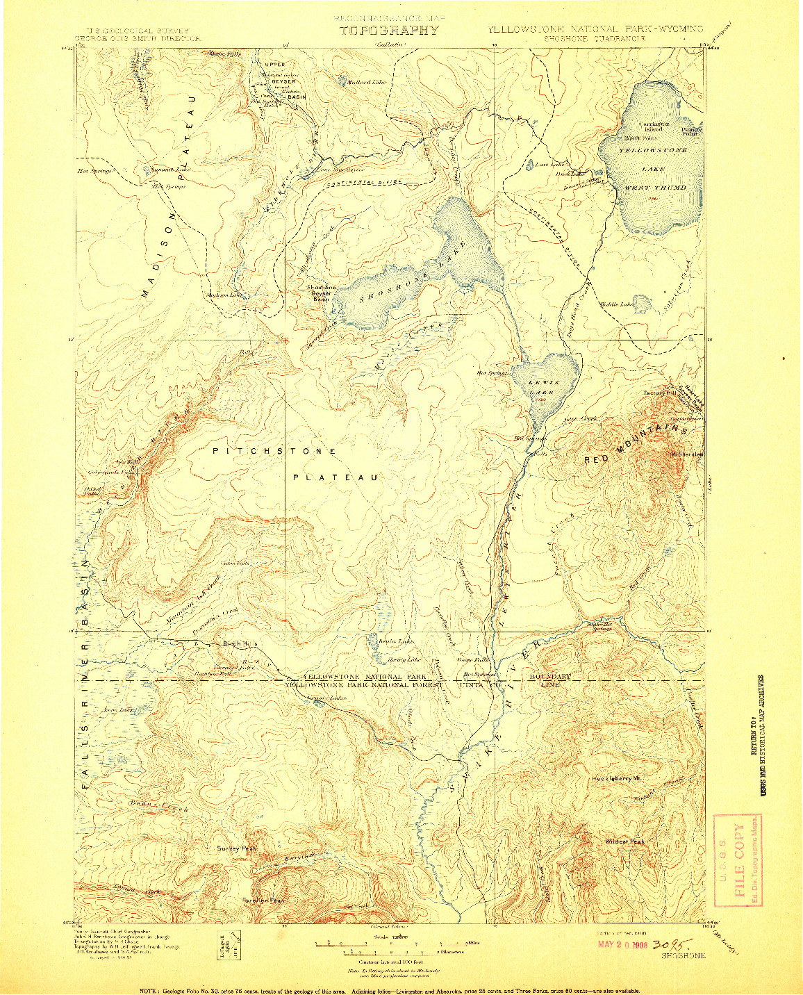 USGS 1:125000-SCALE QUADRANGLE FOR SHOSHONE, WY 1908