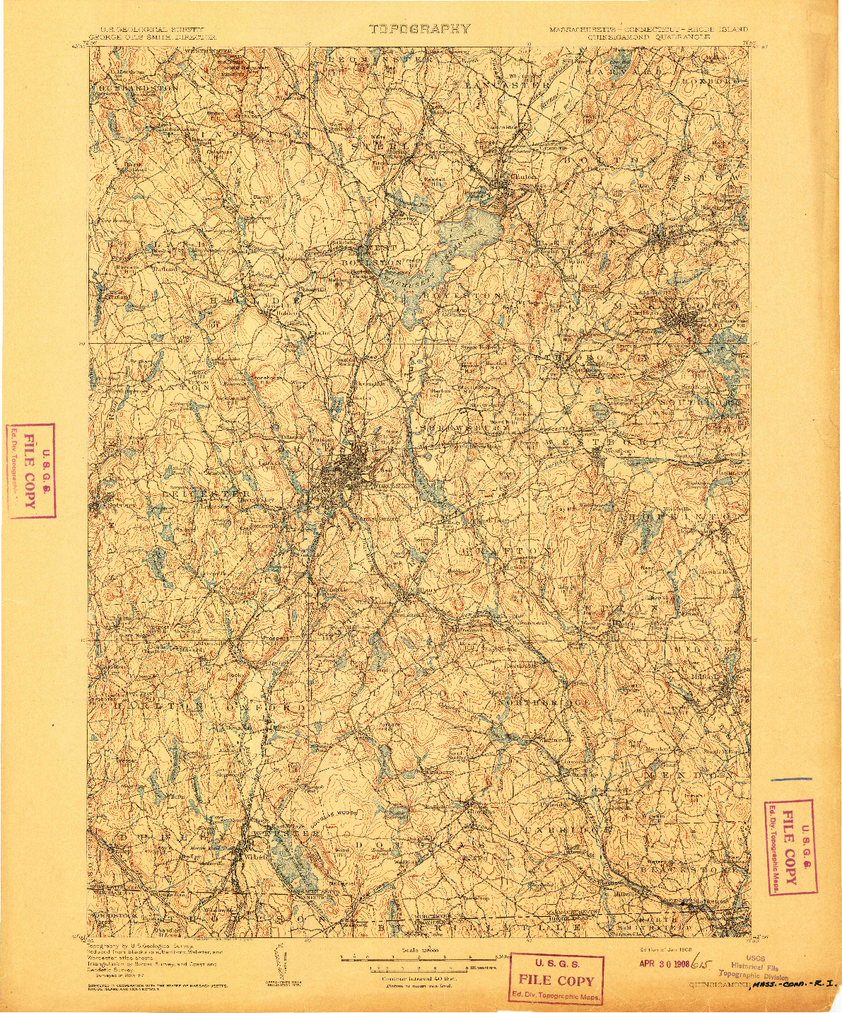 USGS 1:125000-SCALE QUADRANGLE FOR QUINSIGAMOND, MA 1908