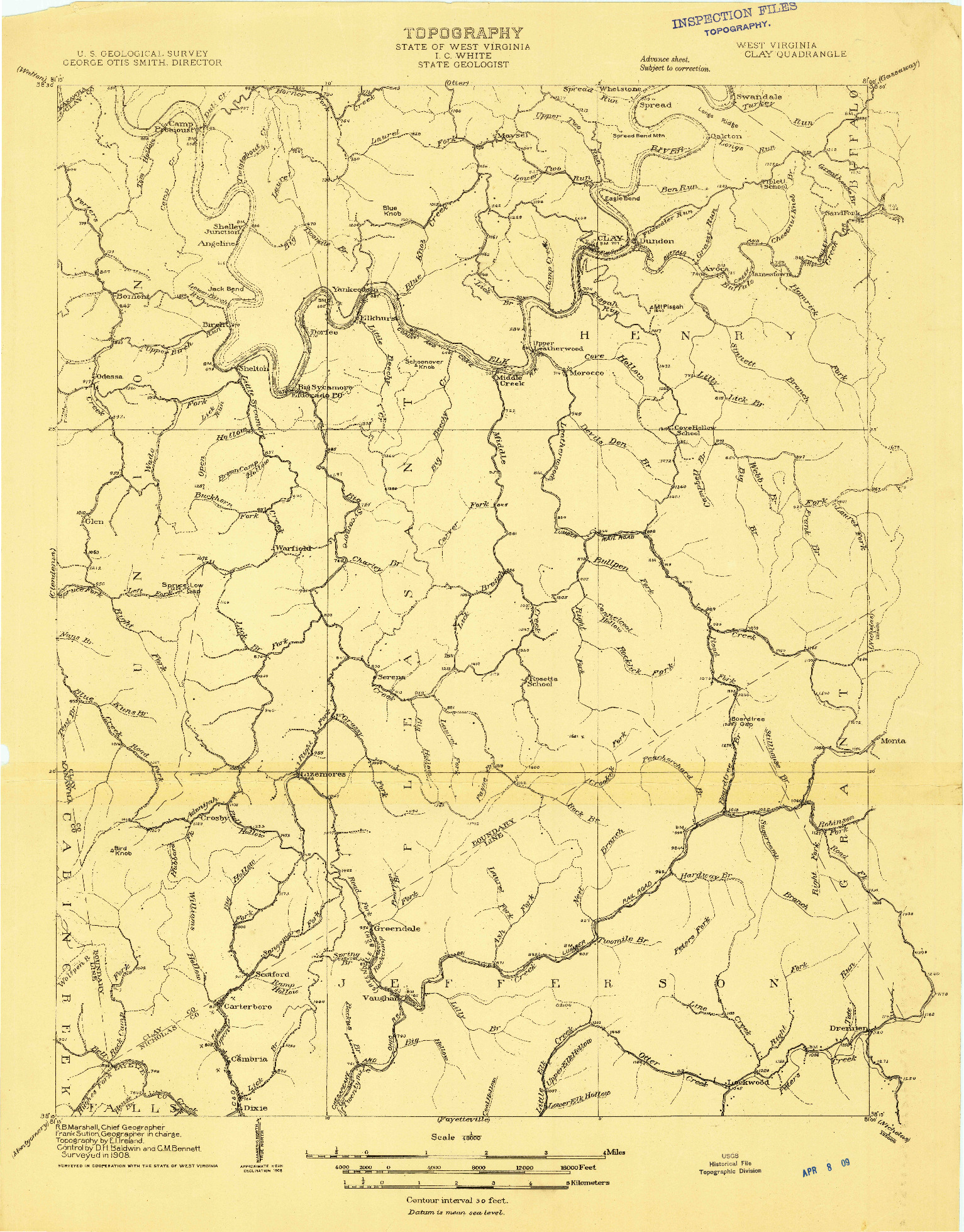 USGS 1:48000-SCALE QUADRANGLE FOR CLAY, WV 1908