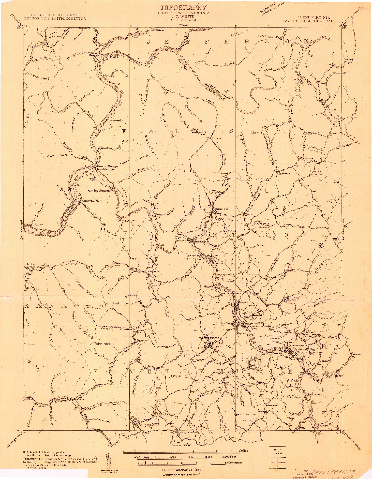 USGS 1:48000-SCALE QUADRANGLE FOR FAYETTEVILLE, WV 1908