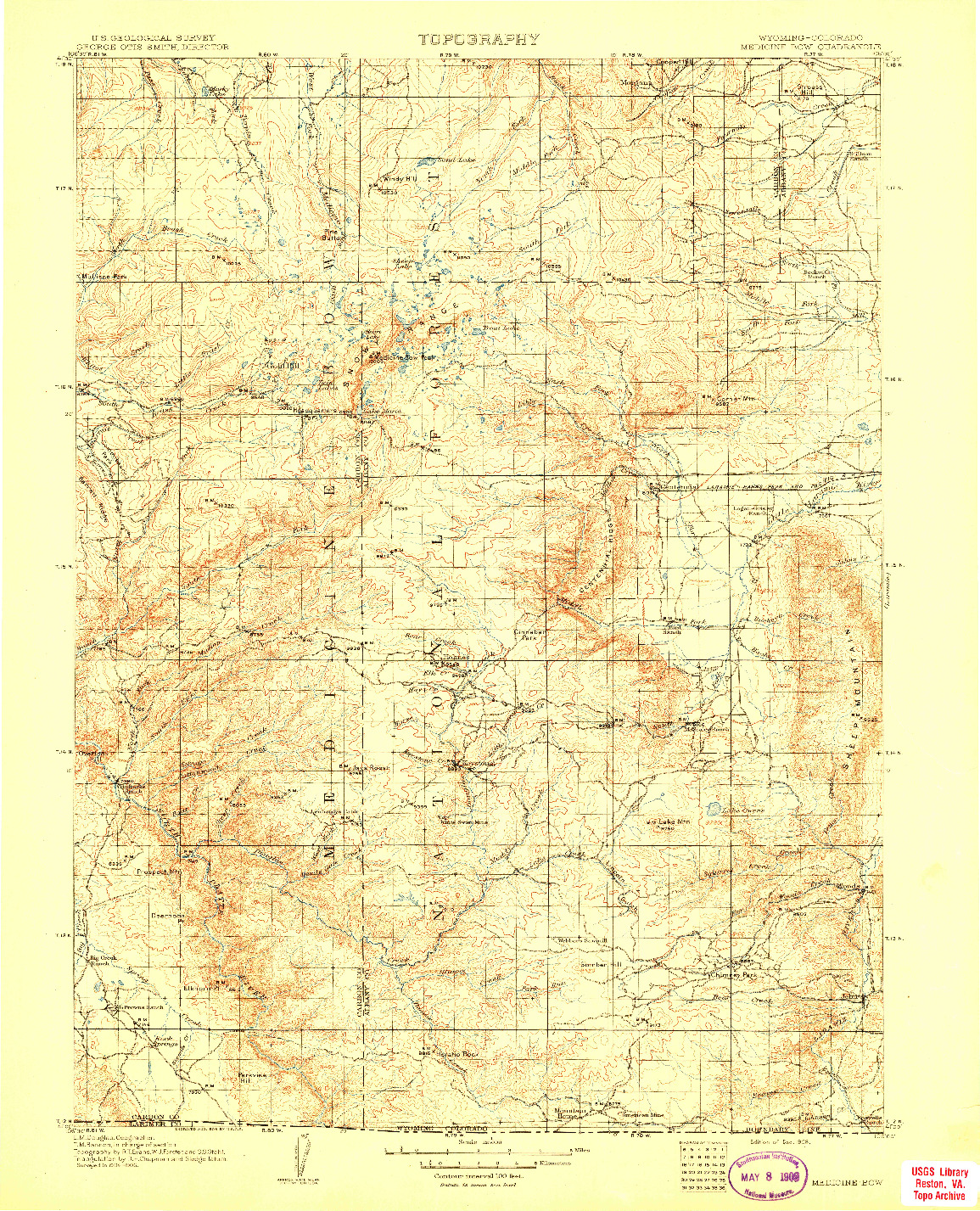 USGS 1:125000-SCALE QUADRANGLE FOR MEDICINE BOW, WY 1908