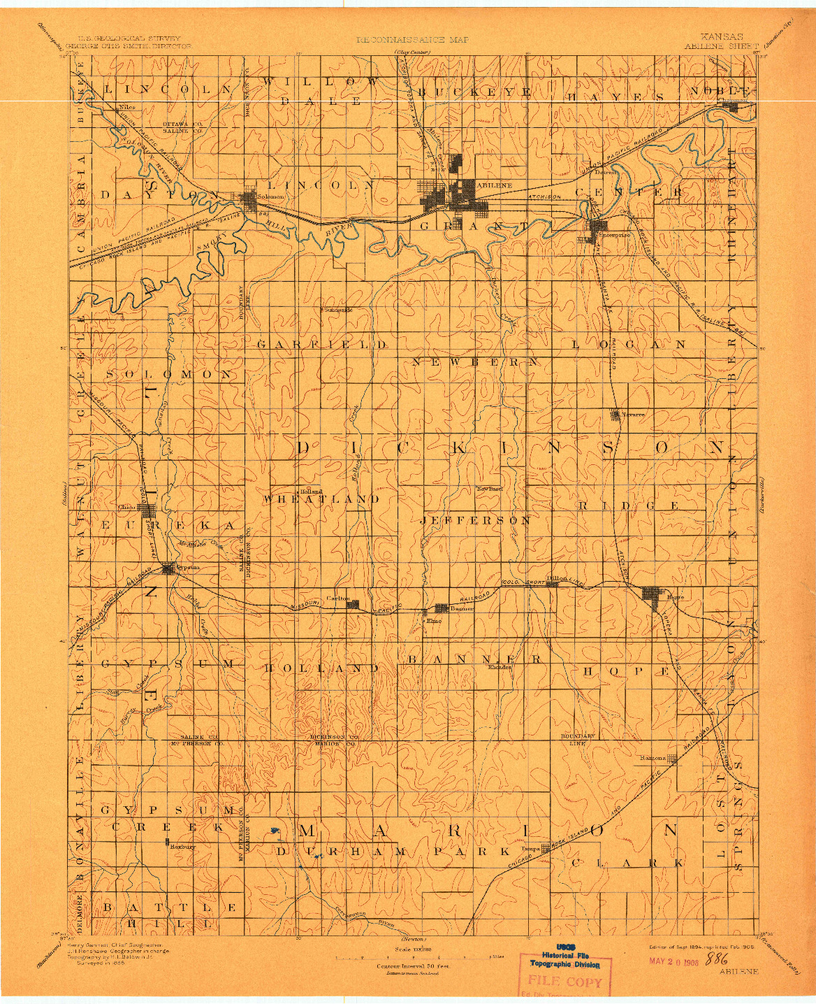 USGS 1:125000-SCALE QUADRANGLE FOR ABILENE, KS 1894