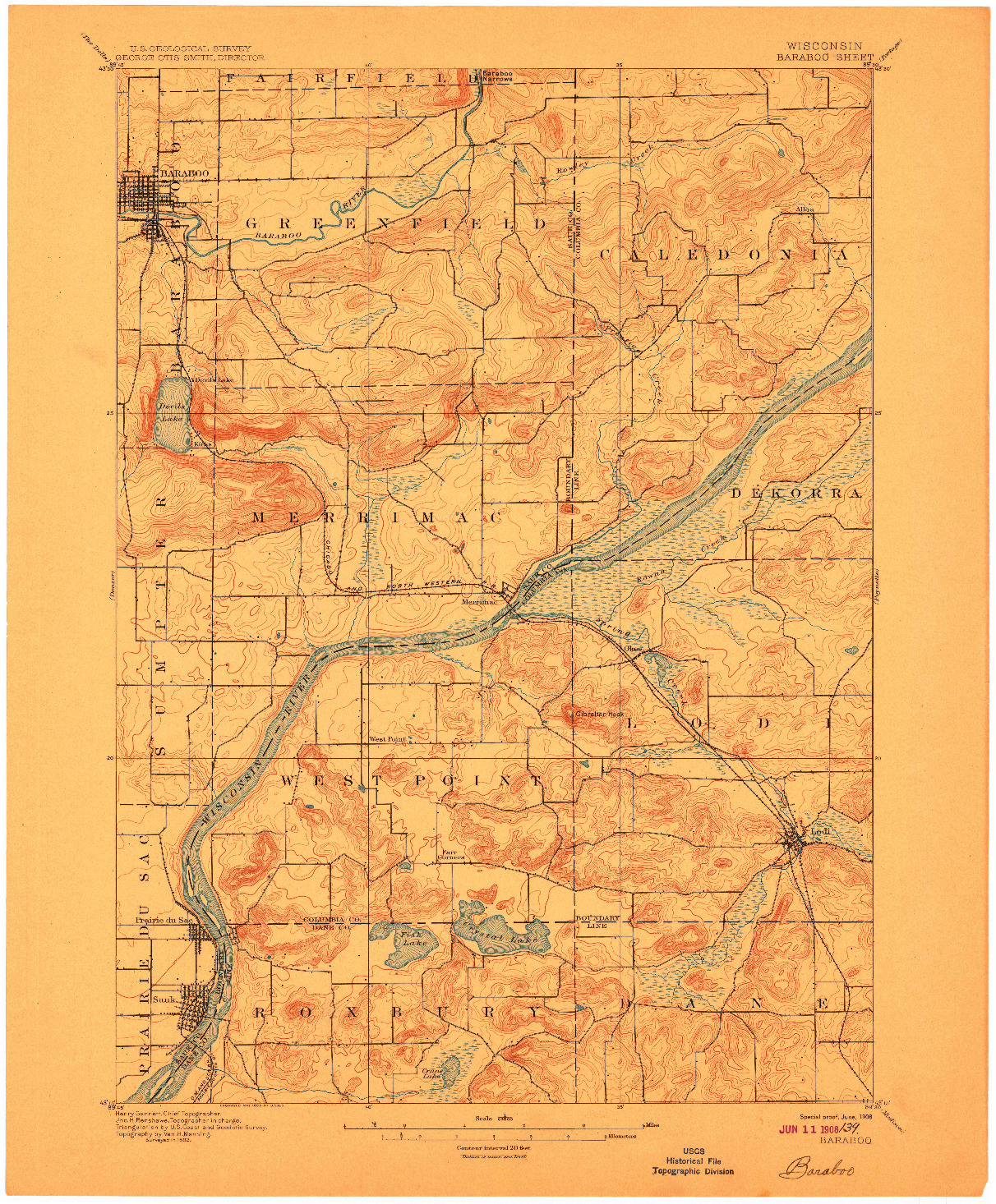 USGS 1:62500-SCALE QUADRANGLE FOR BARABOO, WI 1908