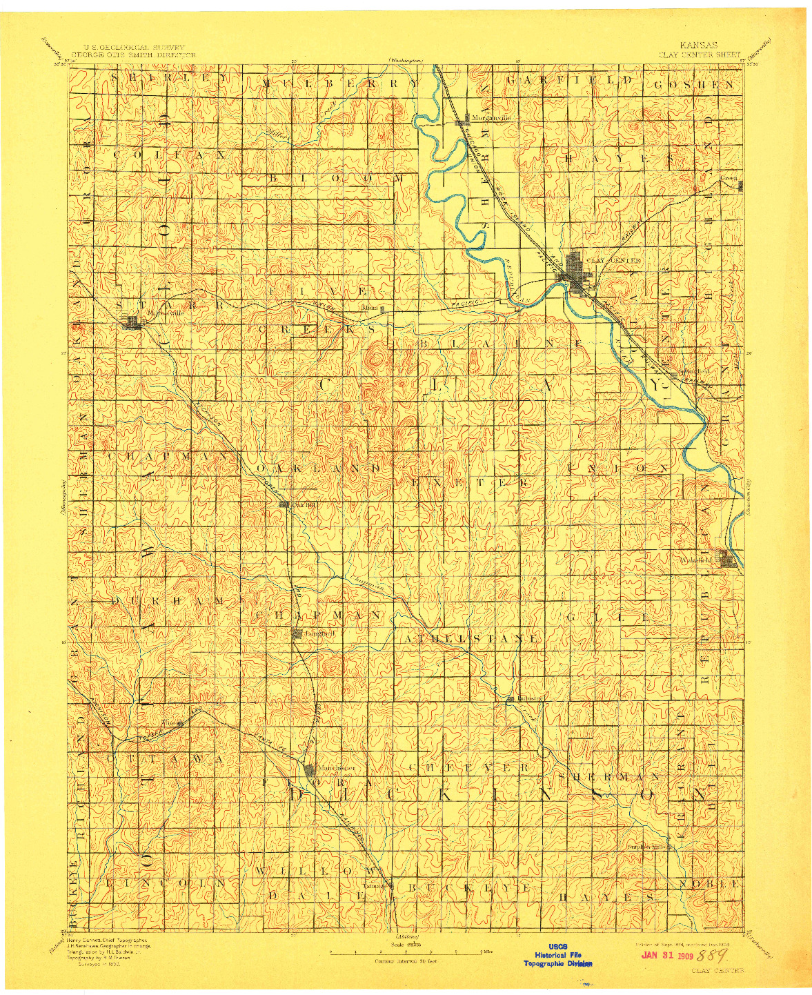 USGS 1:125000-SCALE QUADRANGLE FOR CLAY CENTER, KS 1891