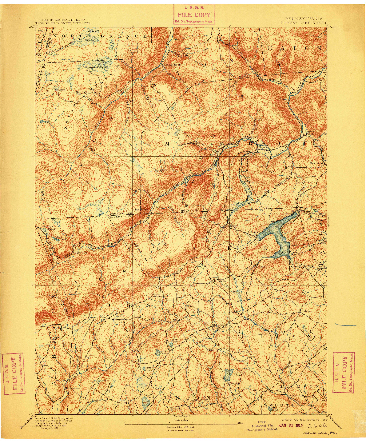 USGS 1:62500-SCALE QUADRANGLE FOR HARVEY LAKE, PA 1893