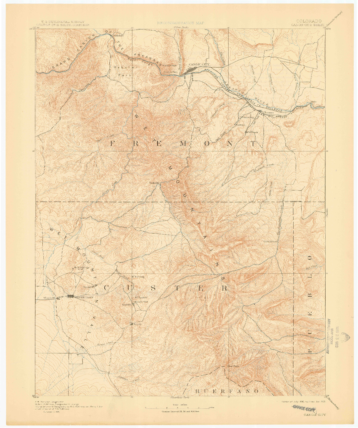 USGS 1:125000-SCALE QUADRANGLE FOR CANON CITY, CO 1892