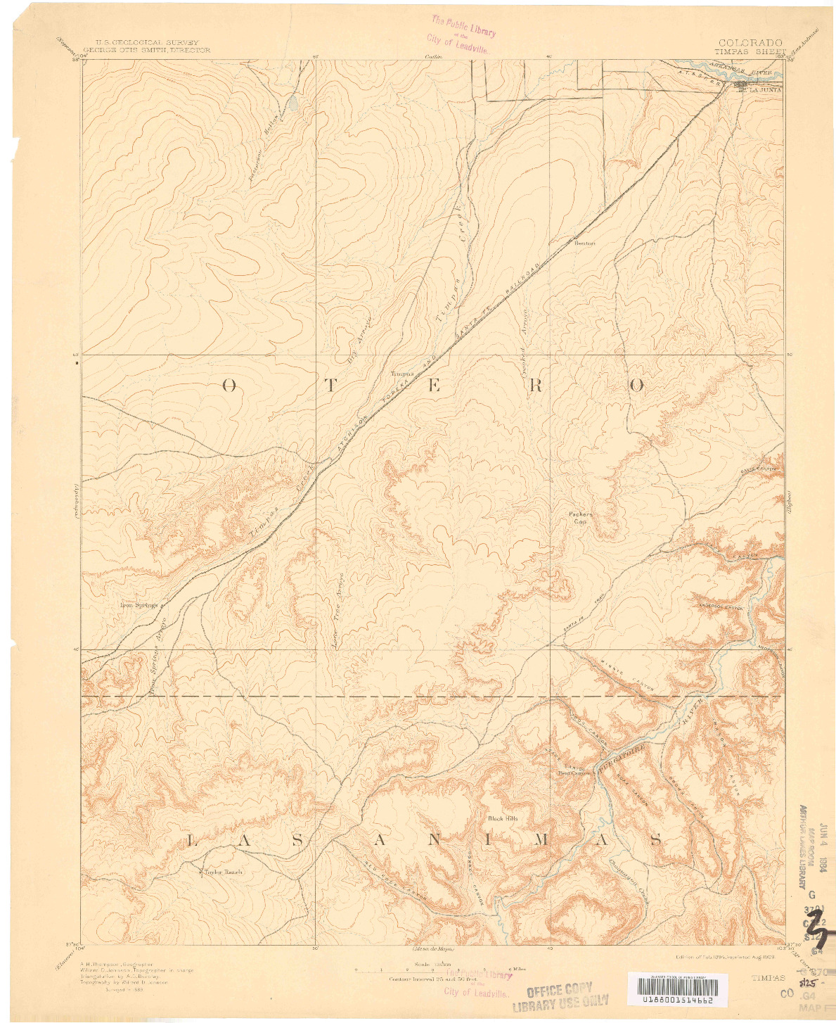 USGS 1:125000-SCALE QUADRANGLE FOR TIMPAS, CO 1894