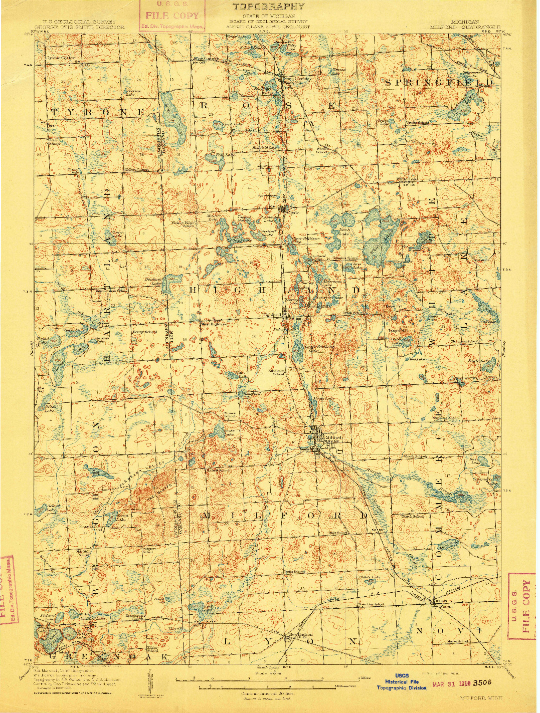 USGS 1:62500-SCALE QUADRANGLE FOR MILFORD, MI 1909