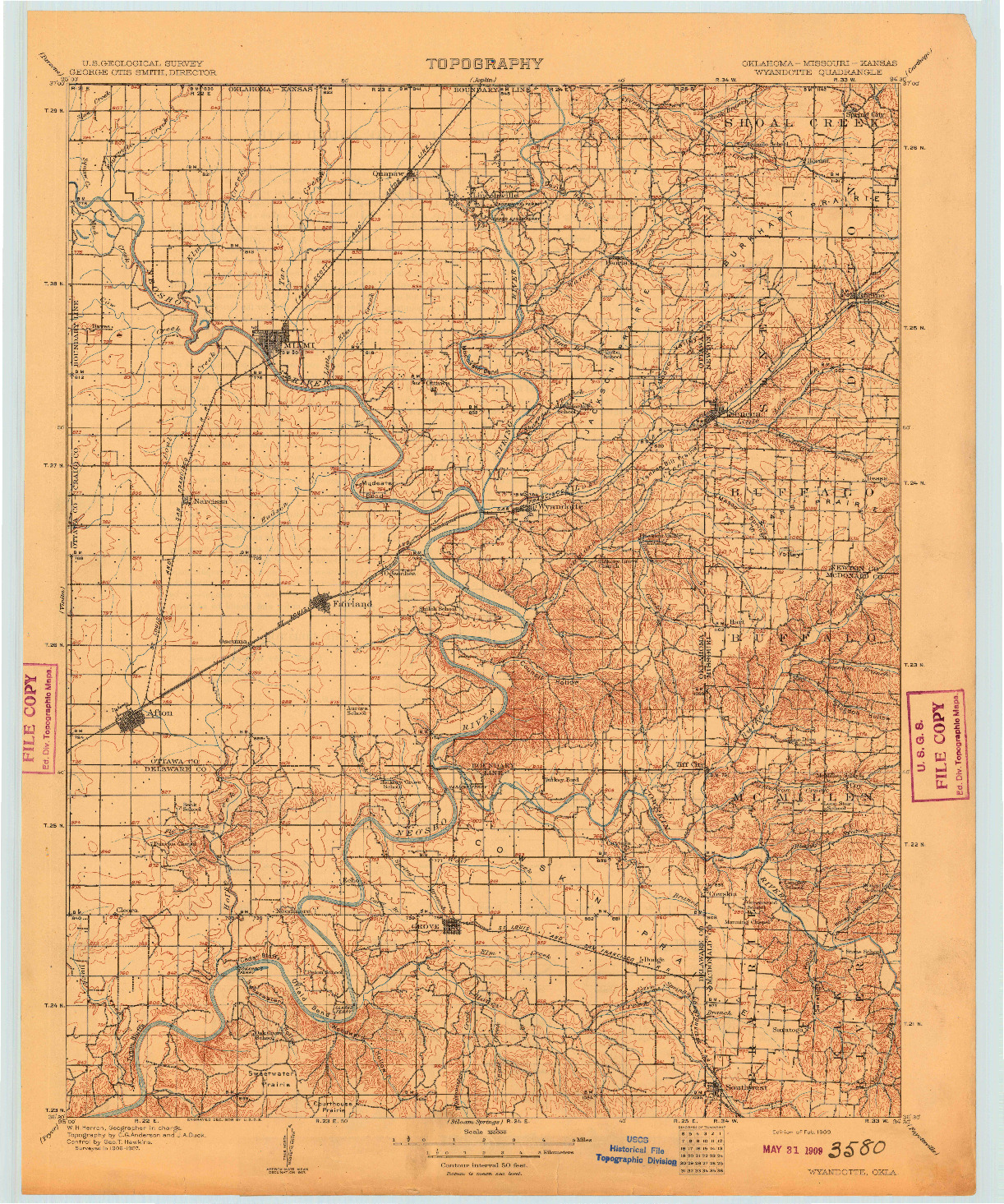 USGS 1:125000-SCALE QUADRANGLE FOR WYANDOTTE, OK 1909